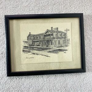 Vintage Charny Quebec Framed Black and White Train Station Sketch